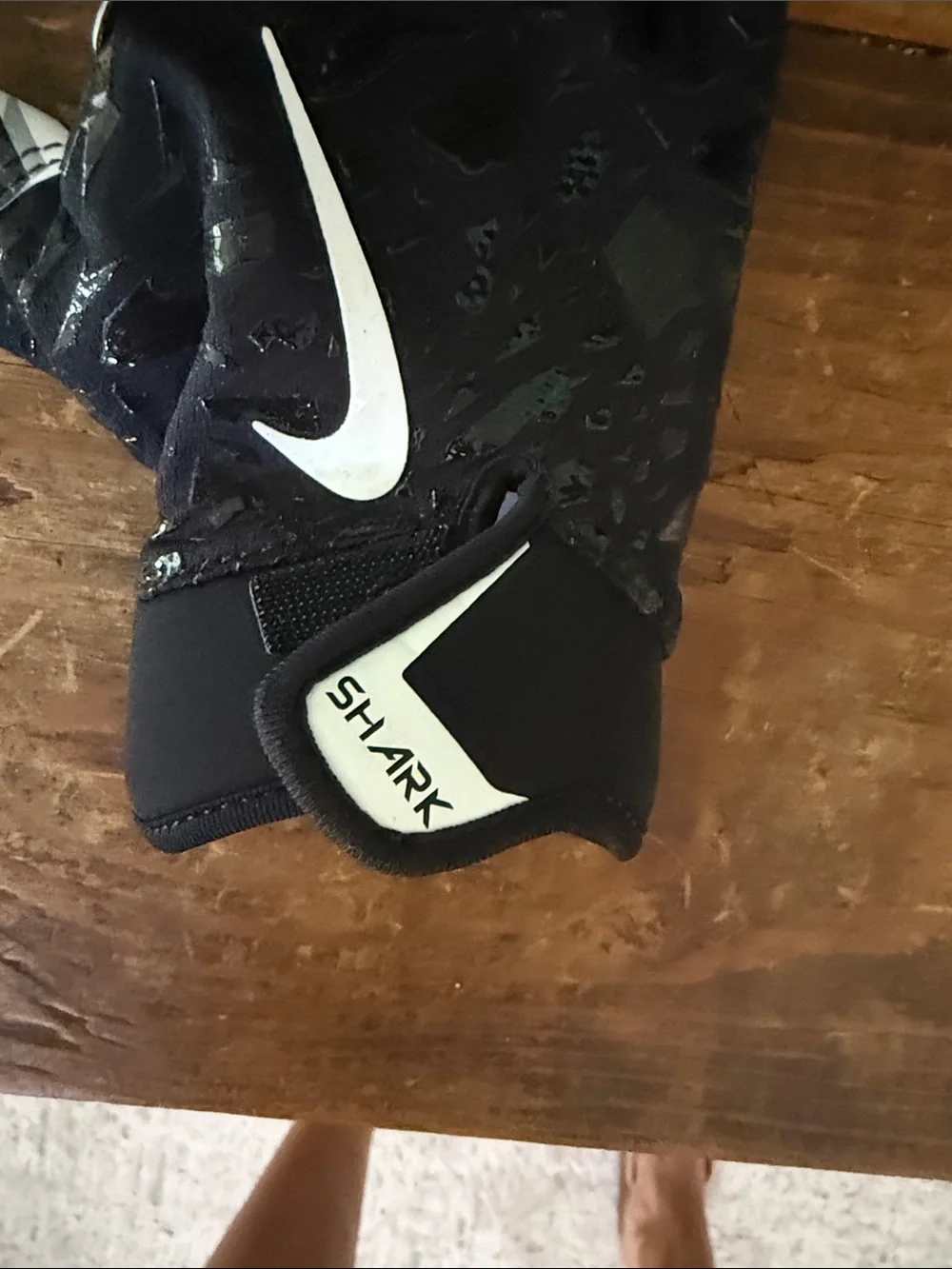 Nike Black Youth Shark Football Gloves with White Swoosh